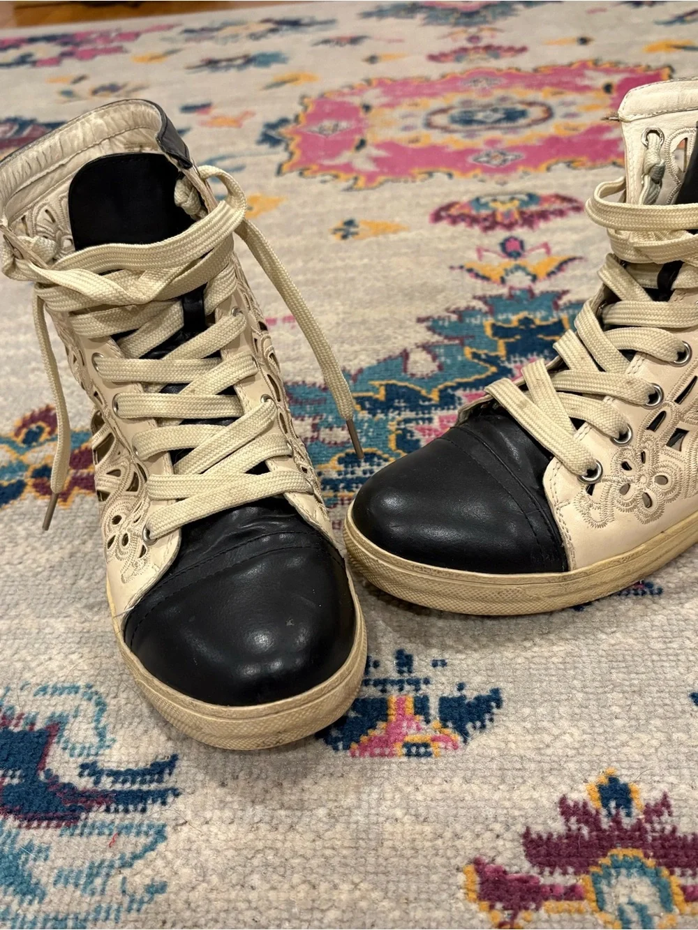 Women's Lace-Cut Ankle Bootie in Cream and Black